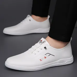 Men's white leather slip-on loafers with side embroidery and non-slip soft rubber sole