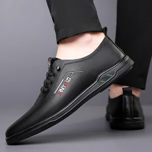 Men's black leather casual shoes with non-slip soft sole and stylish lettering print