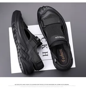 Detail of men's breathable mesh sandals featuring velcro straps and anti-slip rubber soles