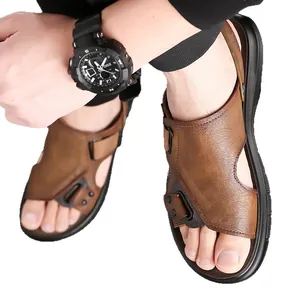 Sandali casual da uomo in pelle marrone con suola spessa in gomma per l'estate