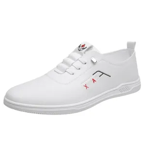 Men's white leather slip-on sneakers with embroidery and anti-slip soft rubber sole