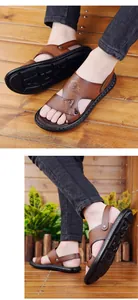 Macro detail of brown leather sandals with non-slip rubber soles and logo printing