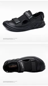 Detail view of men's outdoor sandals with breathable mesh, velcro straps and anti-slip sole