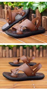 Detail of brown leather men's dual-use sandals showing textured upper and rotatable heel strap