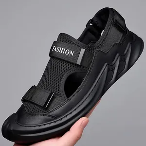Men's Outdoor Mesh Cowhide Leather Sandals Breathable Anti-slip Casual Sport Beach Shoes With Velcro Fastener For Summer