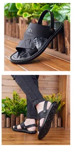 Detail of black non-slip beach sandals featuring adjustable straps and 8X sport letters