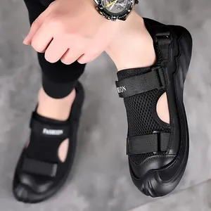 Men's black breathable mesh outdoor sports sandals with non-slip sole and hook-and-loop straps