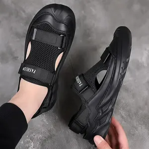 Men's black mesh sport sandals with breathable fabric and adjustable velcro strap
