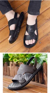 Detail showing two-way non-slip beach sandals in black and brown with pivot heel straps
