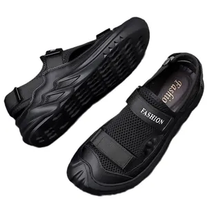 Men's black breathable mesh sports sandals with non-slip thick soles and velcro straps