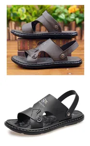 Detail showing the adjustable heel strap and textured faux leather of the brown beach sandals
