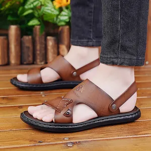 Men's brown leather beach sandals with non-slip sole and adjustable heel strap