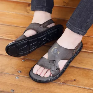 Men's dark brown non-slip beach sandals featuring fashion sport text and rubber sole