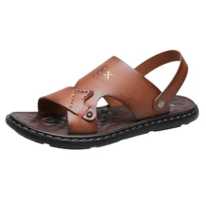 Brown leather textured men beach sandals with 8X fashion print and adjustable heel strap