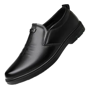Men's black leather slip-on business casual shoes with lychee texture and rubber soles