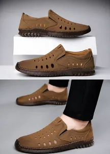 Detail of brown leather sandals showing laser-cut perforations and hand-stitched seams
