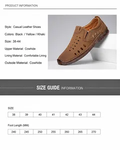 Men's leather sandals size chart from 38 to 44 with foot length measurements in mm