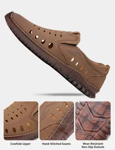 Detail of hand-stitched seams and breathable hollow patterns on brown leather sandals