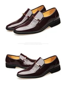 Details von burgunderrotem Lacklederschuh mit hohlen Ausschnitten und goldener Metallschnalle
