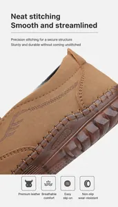 Detailed view of brown leather loafers with visible stitching and non-slip rubber sole