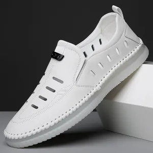 Men Casual Hollow Out Leather Sandals Breathable Slip-on Summer Beach Shoes Soft Sole Hand Stitched Minimalist Loafers