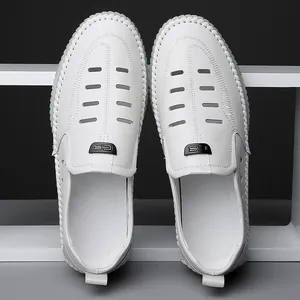 Men's white breathable hollow-out leather loafers with casual slip-on design