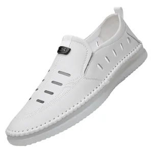 White breathable hollow-out leather slip-on sandals for men with anti-slip rubber soles
