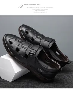 Detail of black leather sandals showing closed toe cutout and durable stitching