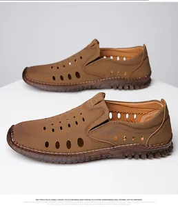 Detail view of brown leather sandals featuring hollow breathable holes and manual stitching