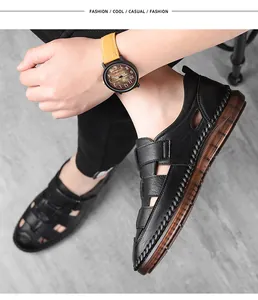 Detail of men's black leather sandals featuring breathable hollow cutouts and thick brown soles