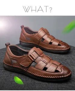 Detailed close-up of brown leather sandals with breathable hollow weave and velcro strap
