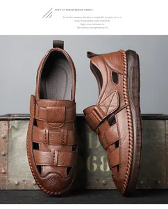 Detail of breathable leather sandals for men with hook and loop closure and sport sole