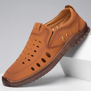Men's Casual Hollow Out Leather Sandals Summer Breathable Cowhide Driving Shoes Non-Slip Soft Sole Slip-On Loafers Men