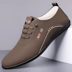 Men's winter casual brown leather shoes with warm fleece lining and non-slip rubber soles