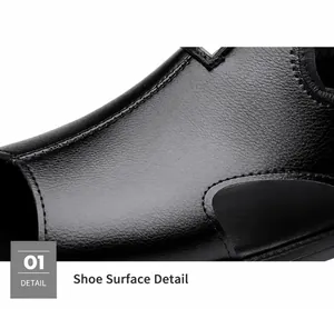 Détail macro du cuir noir à grain de litchi et des coutures de sandales pour hommes