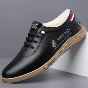 Men's thermal leather casual shoes with warm fleece lining and non-slip sole in black