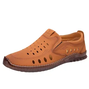 Men's tan hollow-out leather sandals with breathable slip-on design and rubber soles