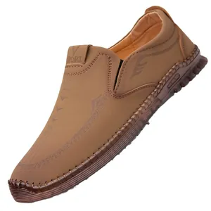Men's khaki slip-on casual shoes with wave texture leather and sport branding