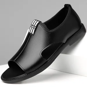 Sandales en Cuir de Vachette pour Hommes Été Décontracté Ajouré Chaussures de Plage Respirant Antidérapant Semelle Souple