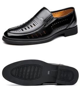 Detailed view of men's breathable hollow-out leather sandals with slip-on design
