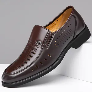 Men Business Casual Leather Hollow Shoes Breathable Slip On Loafers Summer Cowhide Split Leather Sandals Rubber Sole Shoes