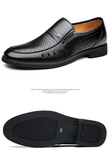 Close-up of black breathable leather shoe with hollow cutouts and non-slip rubber sole