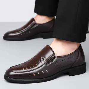 Men's breathable brown leather business loafers with hollow cut-outs and rubber sole