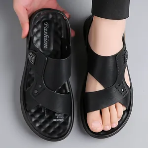 Sandales en cuir pour hommes mode noir avec brides croisées et semelle massage souple