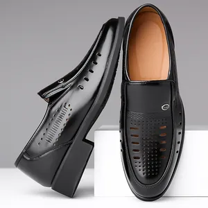 Men's business hollow leather sandals in black featuring breathable cutout design for summer