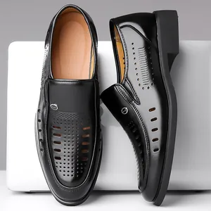 Men's black genuine leather breathable hollow business loafers with a sleek slip-on design