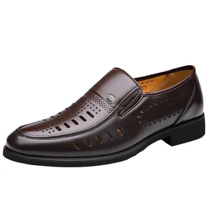 Men's breathable brown leather loafers with hollow cut-out design and rubber sole
