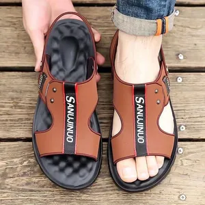 Sandales décontractées en cuir marron pour hommes avec semelles souples antidérapantes