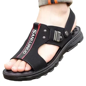Sandales décontractées pour hommes en cuir noir avec bande rouge et semelle gomme