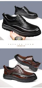 Detailed macro view of hollowed-out breathable leather business shoes with punch patterns